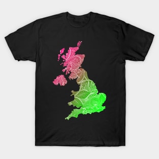 Colorful mandala art map of United Kingdom with text in pink and green T-Shirt